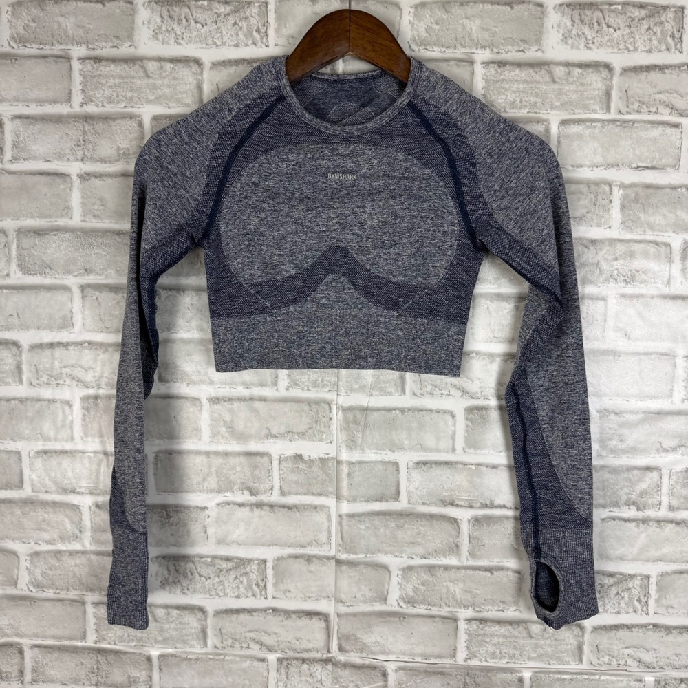 Gymshark Vital Seamless Long Sleeve Crop Top Blue Marl Thumbholes Womens SMALL